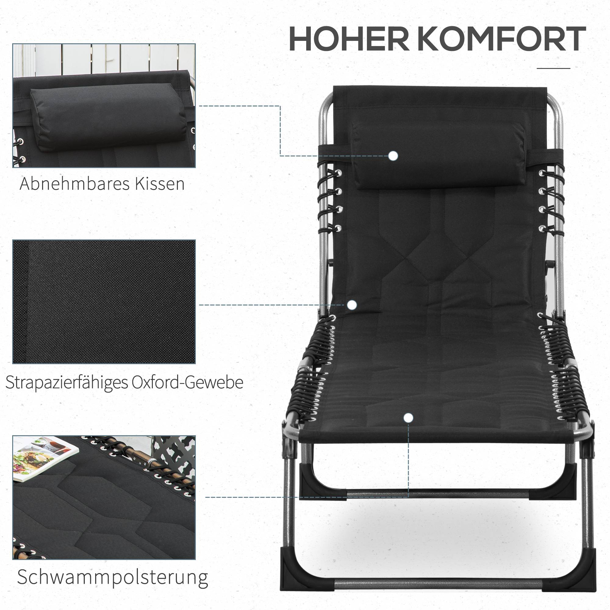 Chaise longue de jardin pliable noire avec appui-tête et poche latérale, dossier 5 positions, résistante intempéries, 130 kg - Image 7