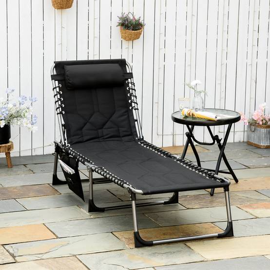 Chaise longue de jardin pliable noire avec appui-tête et poche latérale, dossier 5 positions, résistante intempéries, 130 kg - Image 3