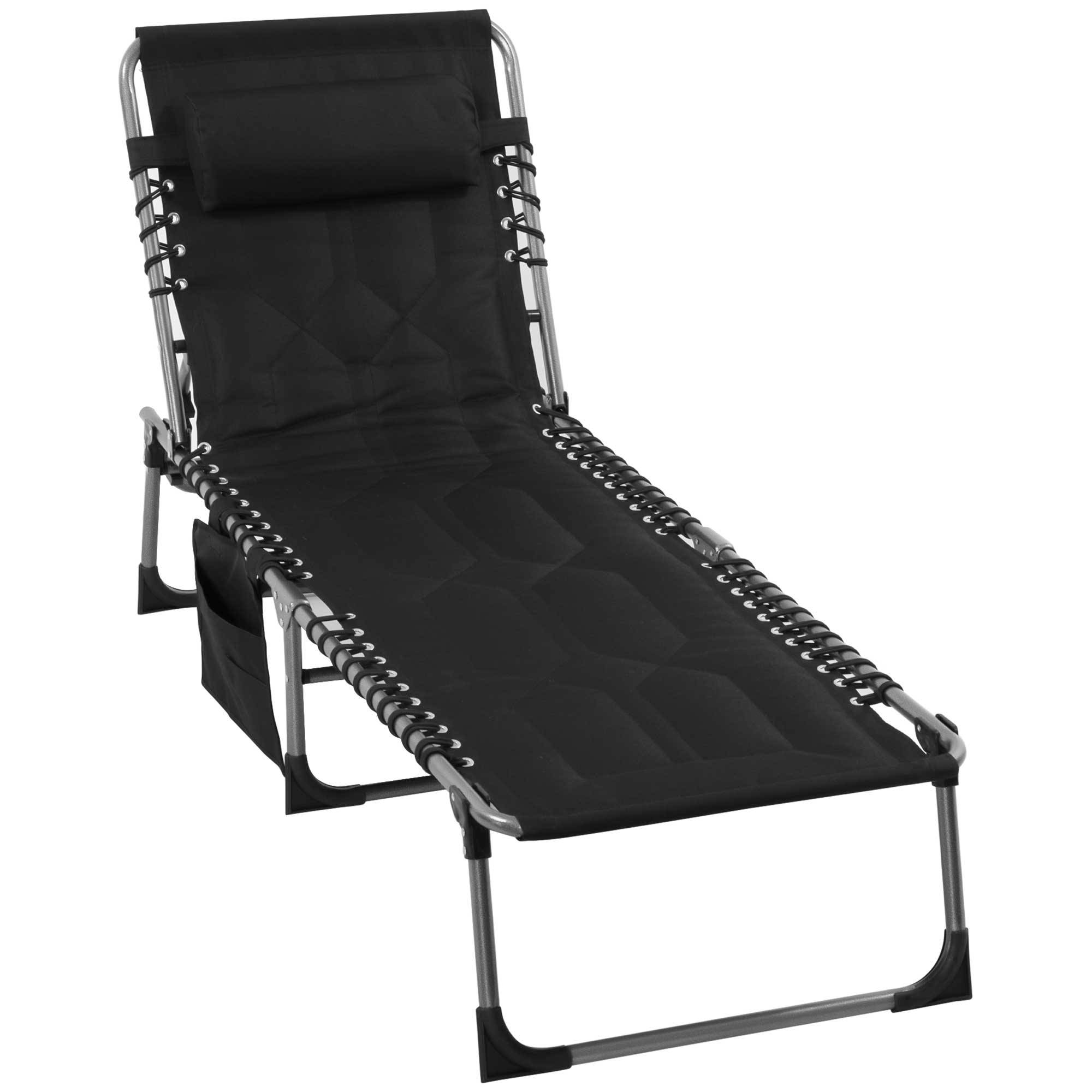Chaise longue de jardin pliable noire avec appui-tête et poche latérale, dossier 5 positions, résistante intempéries, 130 kg - Image 2