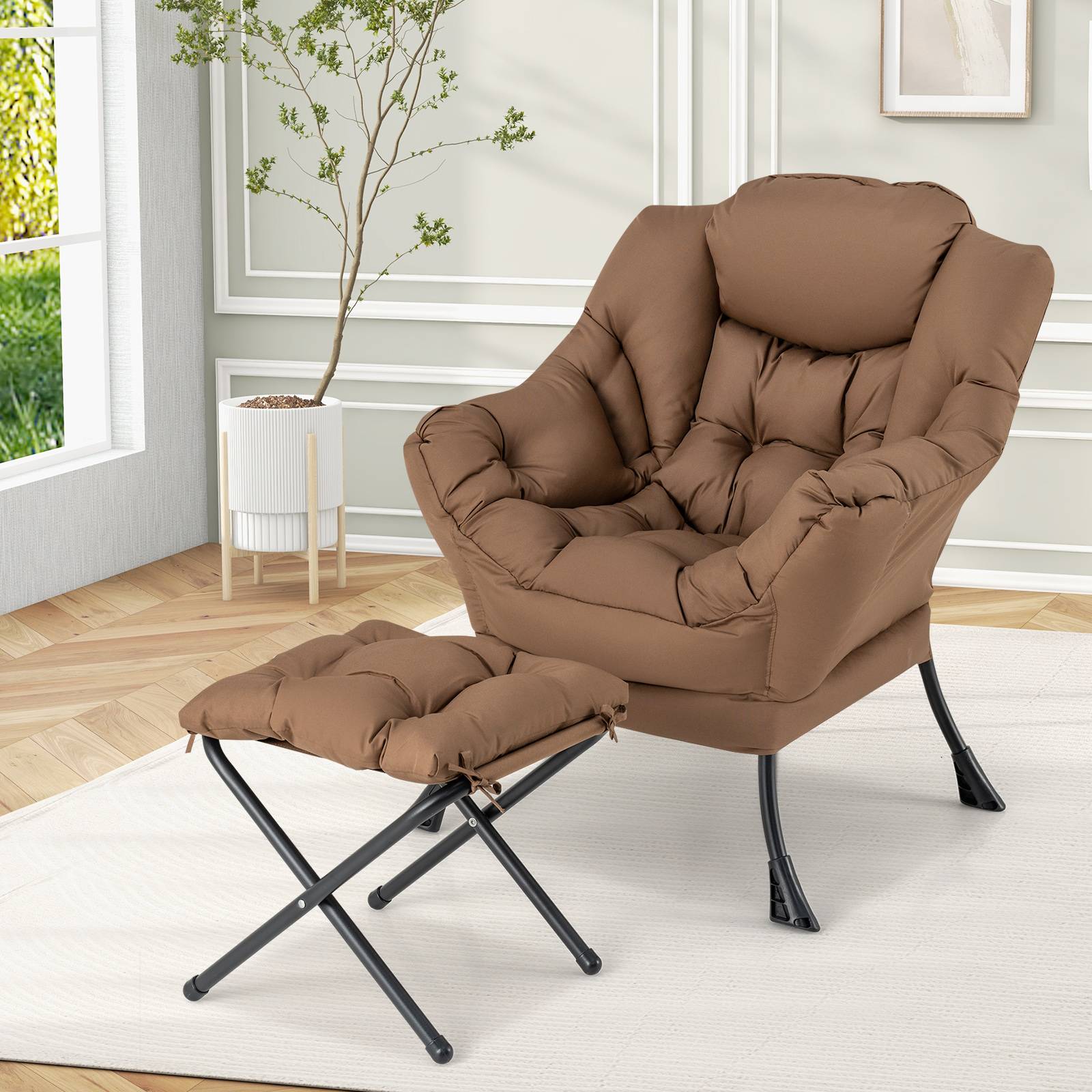 Fauteuil Salon Scandinave avec Repose-Pieds, Fauteuil Relax avec Oreiller et Poche Latérale, Cadre en Métal pour Charger 150 kg, Café - Image 2