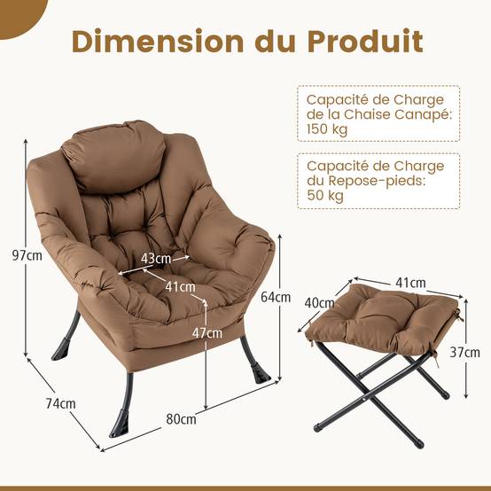 Fauteuil Salon Scandinave avec Repose-Pieds, Fauteuil Relax avec Oreiller et Poche Latérale, Cadre en Métal pour Charger 150 kg, Café - Image 3