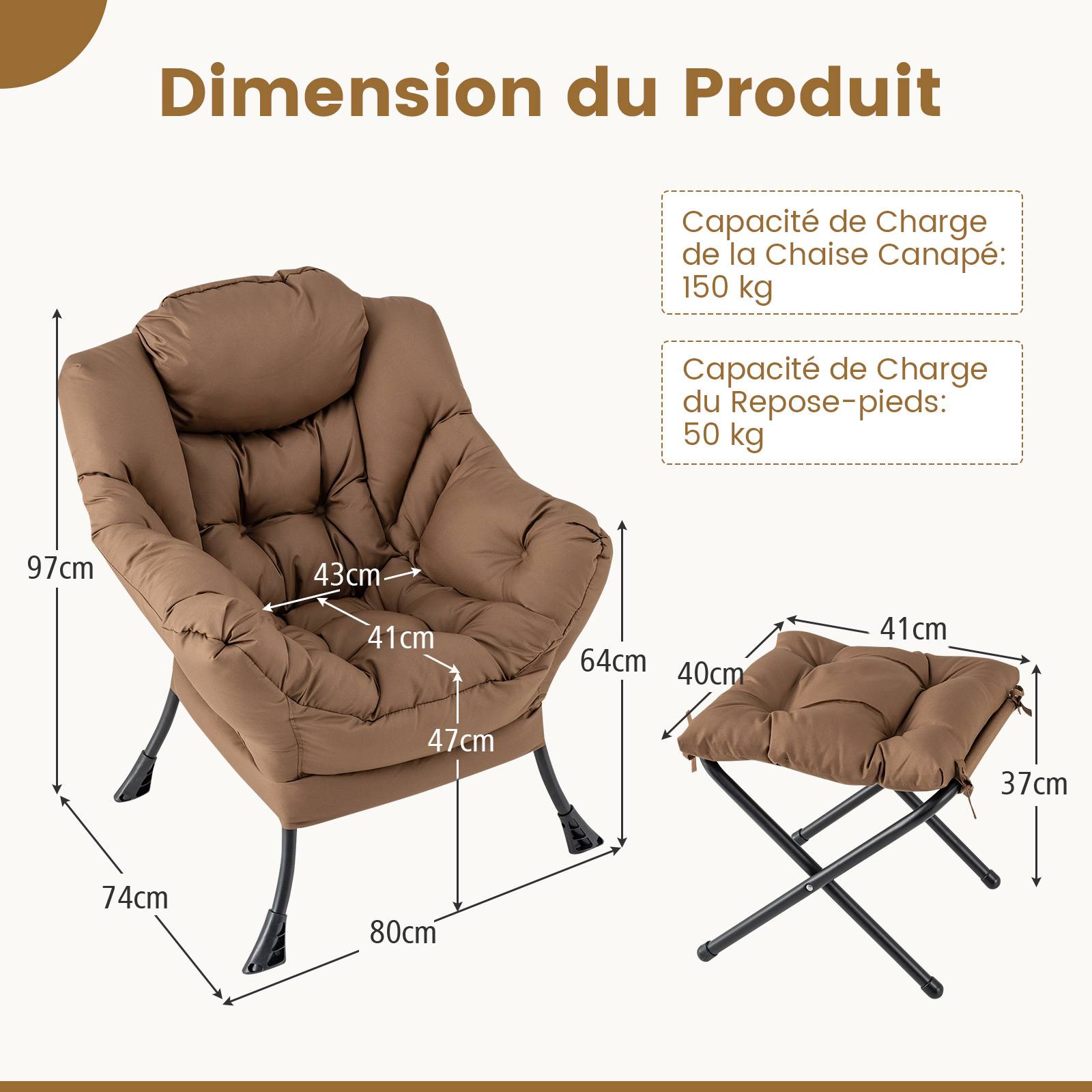 Fauteuil Salon Scandinave avec Repose-Pieds, Fauteuil Relax avec Oreiller et Poche Latérale, Cadre en Métal pour Charger 150 kg, Café - Image 3