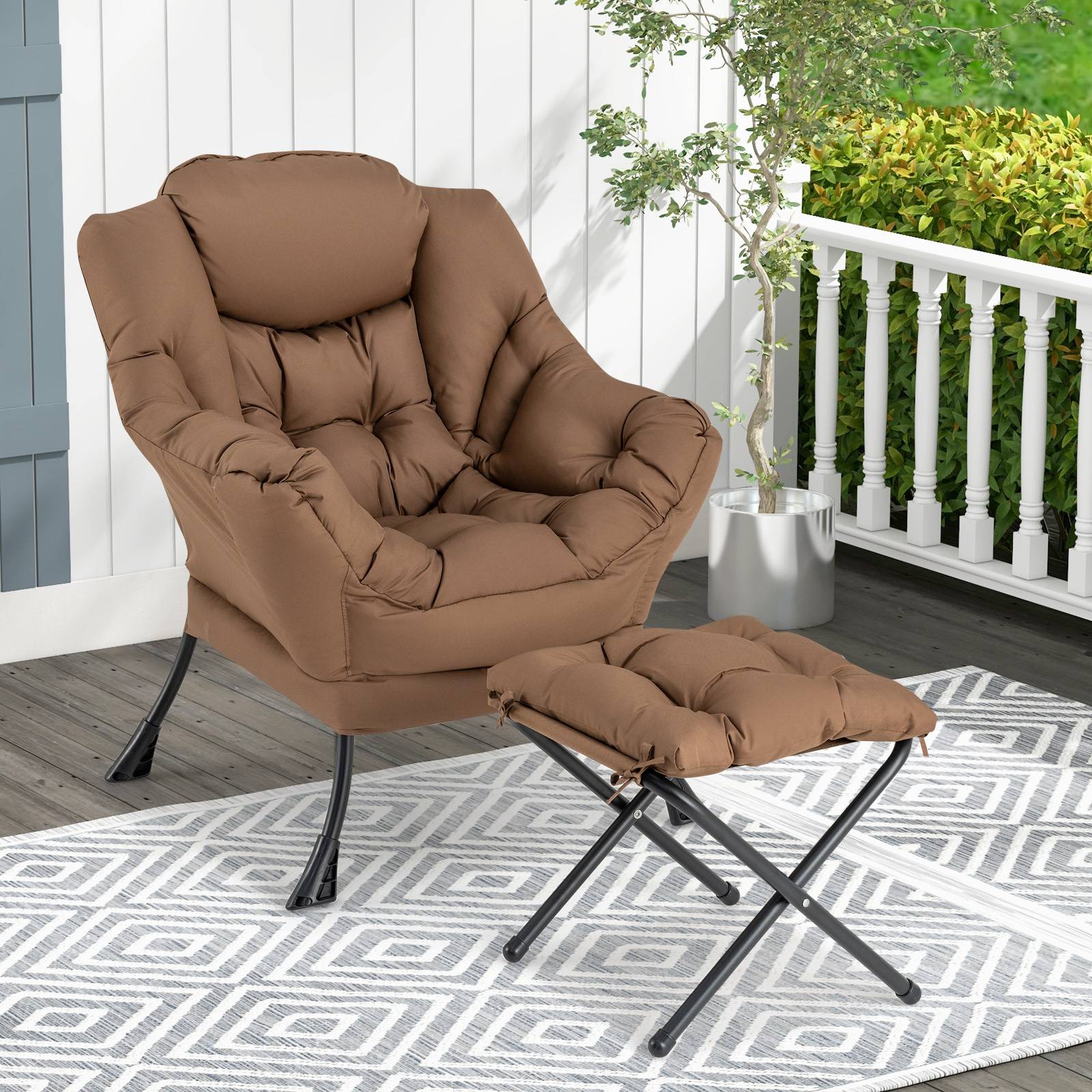 Fauteuil Salon Scandinave avec Repose-Pieds, Fauteuil Relax avec Oreiller et Poche Latérale, Cadre en Métal pour Charger 150 kg, Café - Image 1