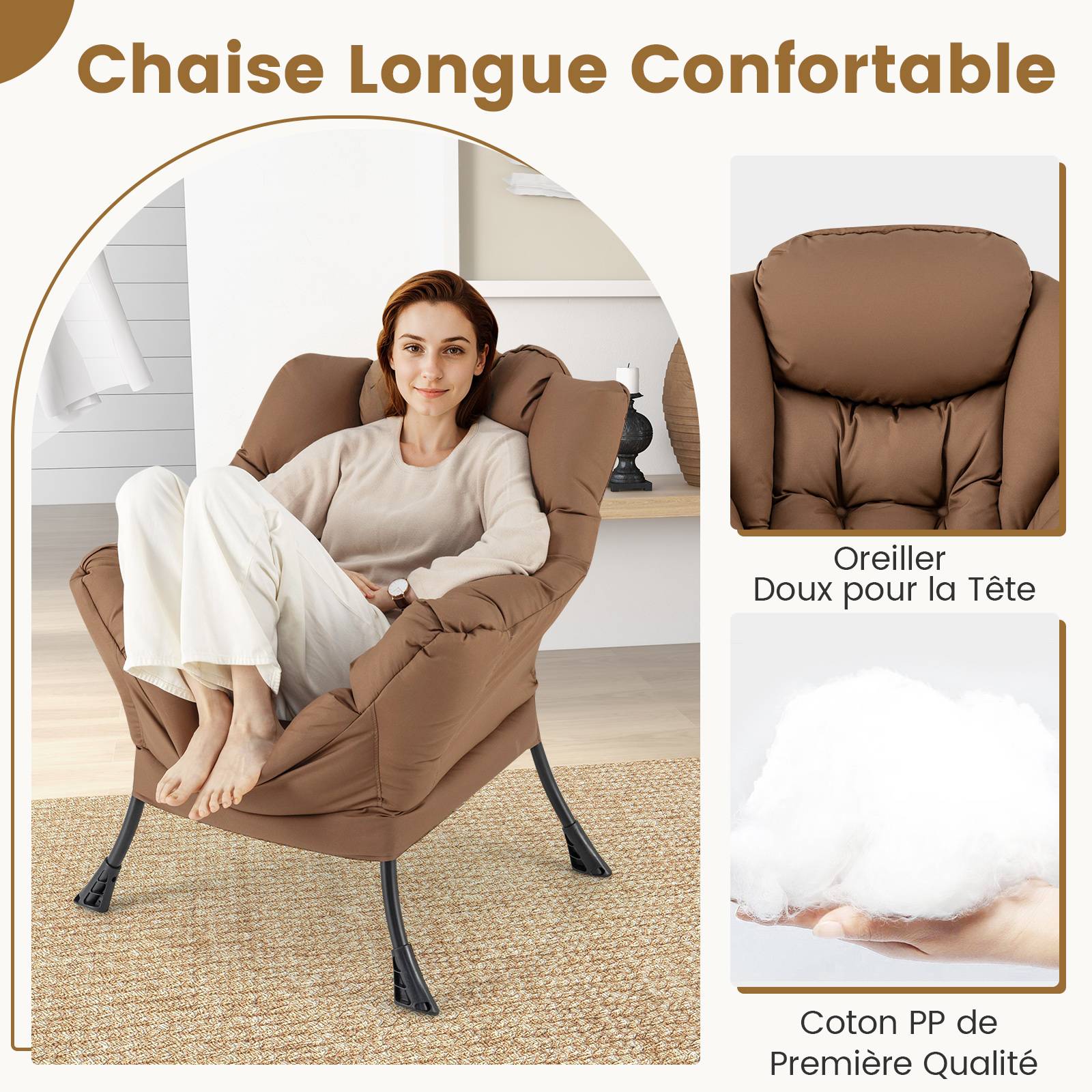 Fauteuil Salon Scandinave avec Repose-Pieds, Fauteuil Relax avec Oreiller et Poche Latérale, Cadre en Métal pour Charger 150 kg, Café - Image 4