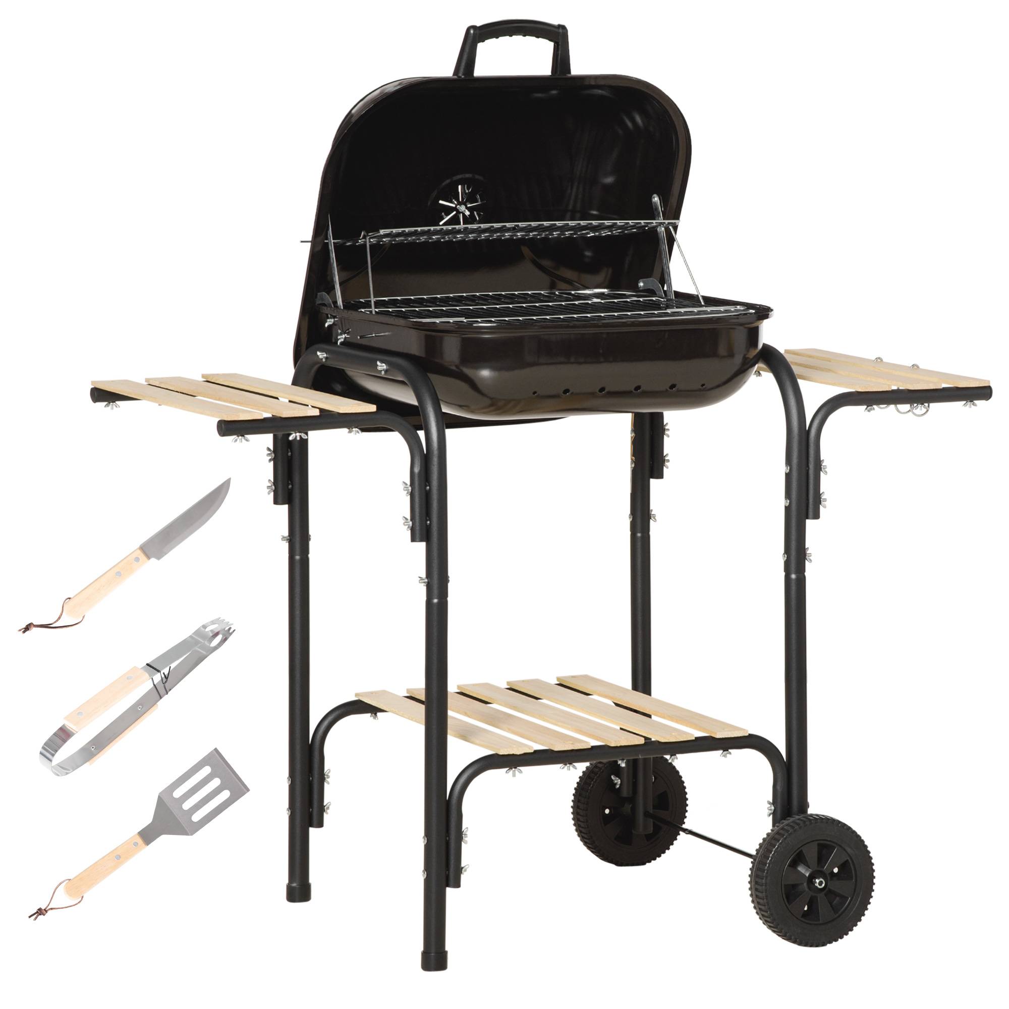 Outsunny - Barbecue à charbon - couvercle, roulettes - 3 étagères, crochets, ustensiles, 2 grilles, cuve charbon amovible - bois acier émaillé noir - Outsunny - Imagen 1