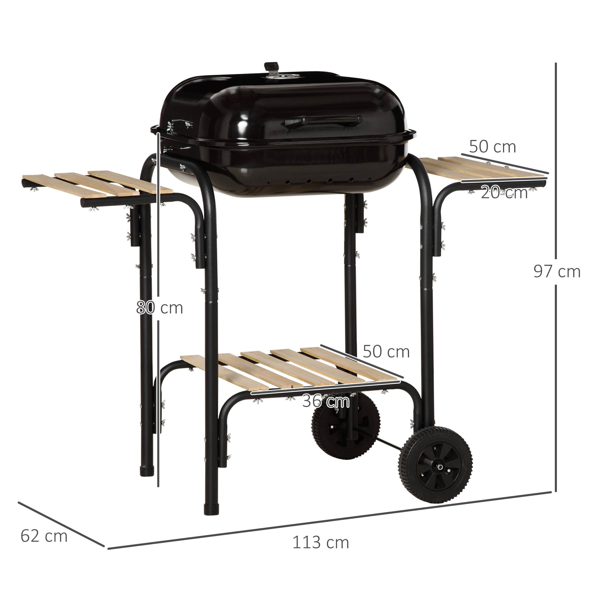 Outsunny - Barbecue à charbon - couvercle, roulettes - 3 étagères, crochets, ustensiles, 2 grilles, cuve charbon amovible - bois acier émaillé noir - Outsunny - Imagen 3