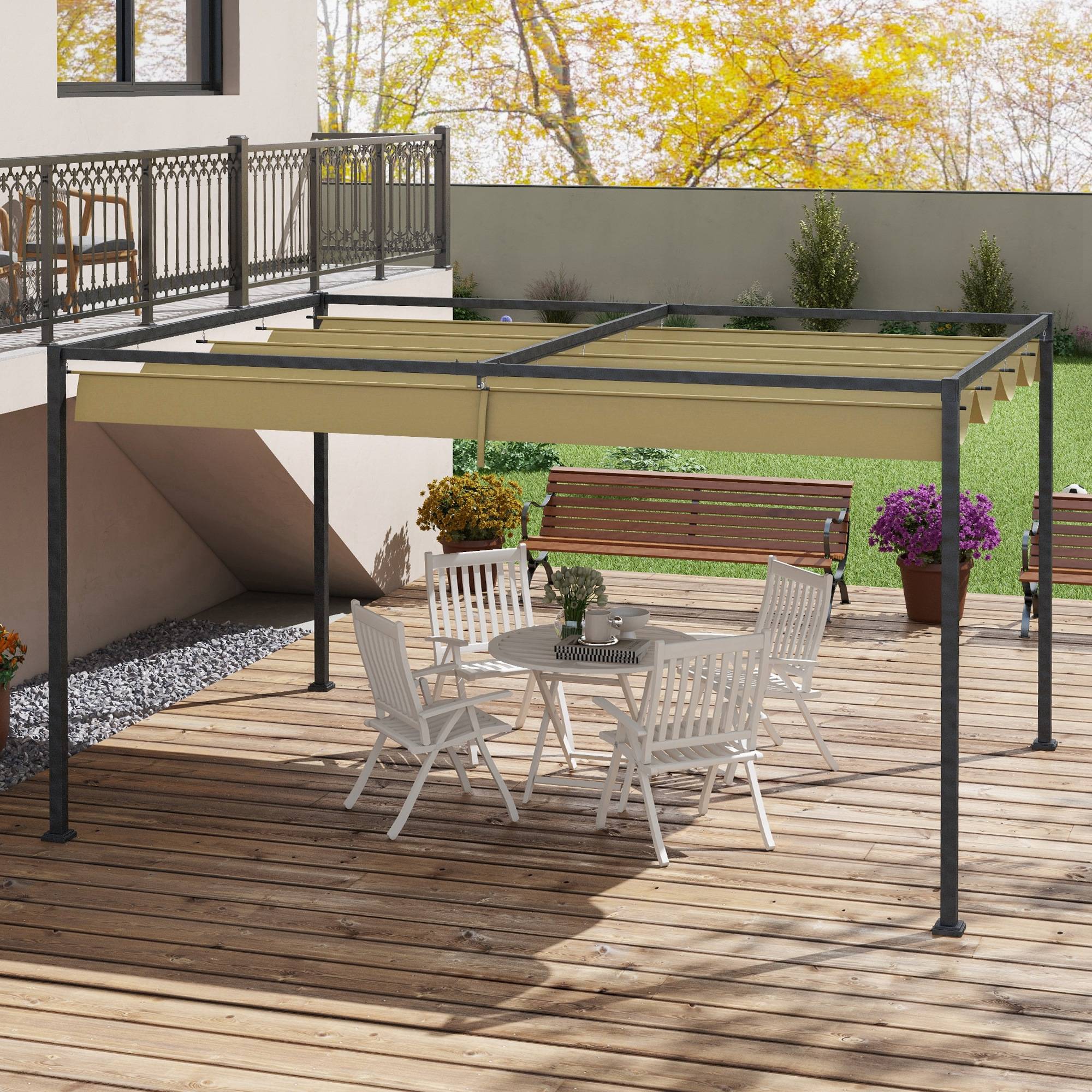 Pergola coulissante Pergola rétractable 3 x 2 m structure métal époxy anticorrosion toile polyester 180 g/m² kaki - Image 4