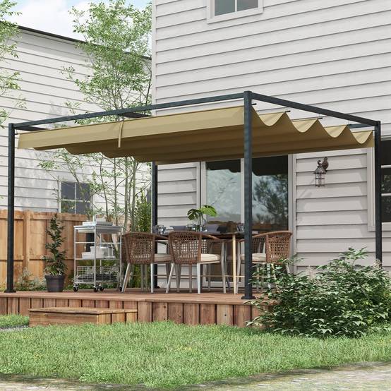 Pergola coulissante Pergola rétractable 3 x 2 m structure métal époxy anticorrosion toile polyester 180 g/m² kaki - Image 3