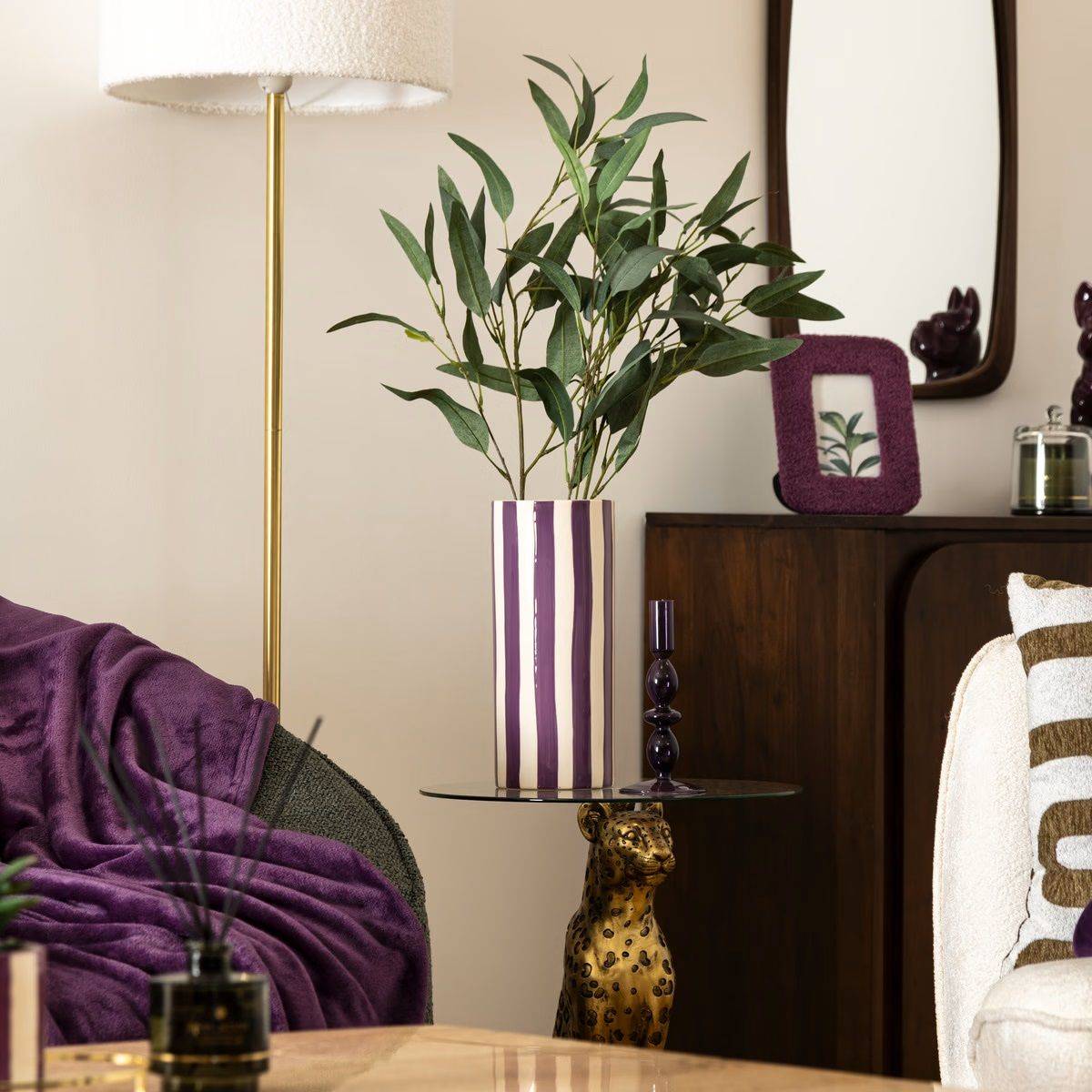 Atmosphera - Vase en céramique brillante à rayure Mauve H 30 cm - Imagen 2