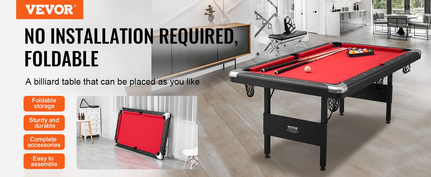 VEVOR Table de billard pliable 192cm, kit complet accessoires, couleur noir/tissu rouge, pour maison, club. - Image 9