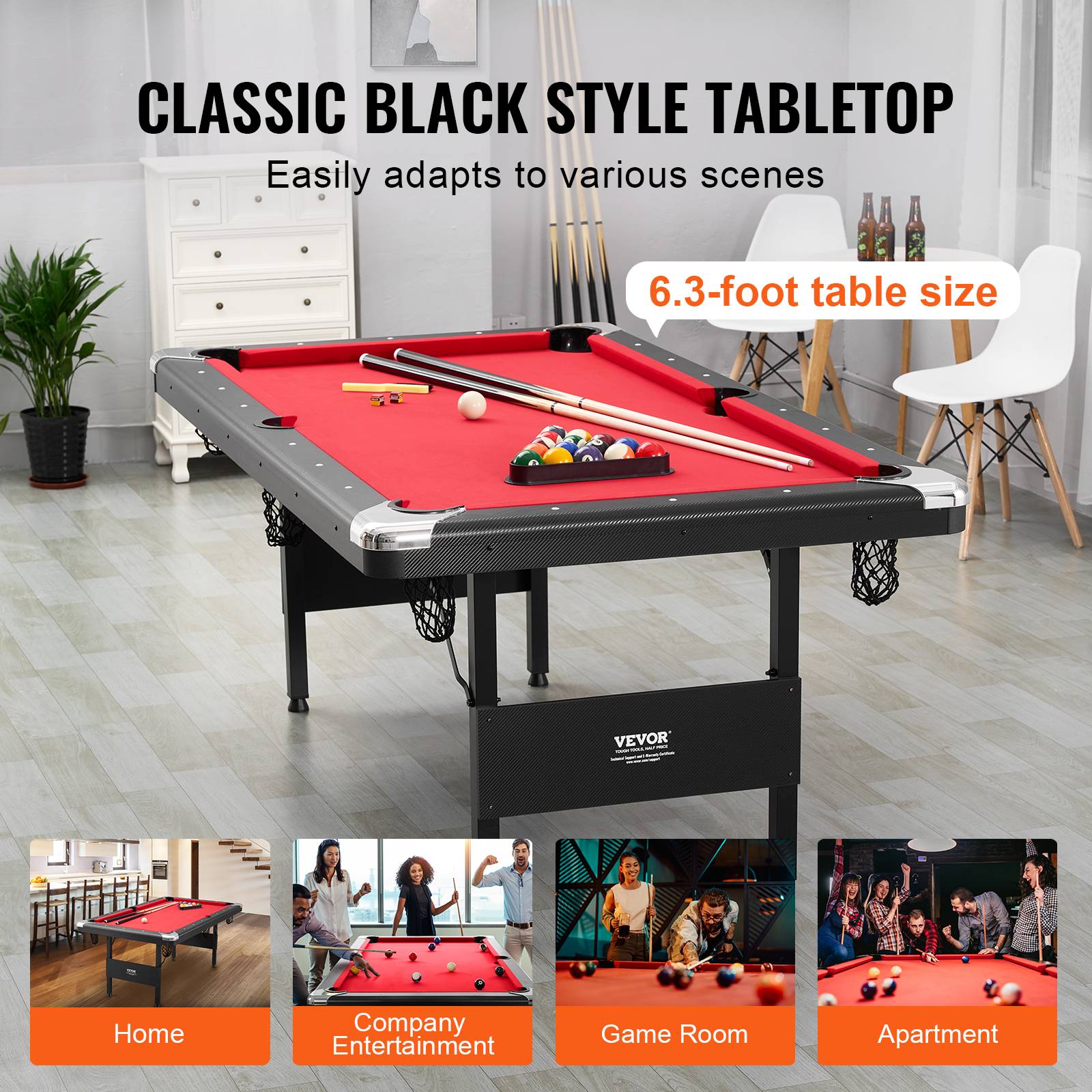 VEVOR Table de billard pliable 192cm, kit complet accessoires, couleur noir/tissu rouge, pour maison, club. - Image 6