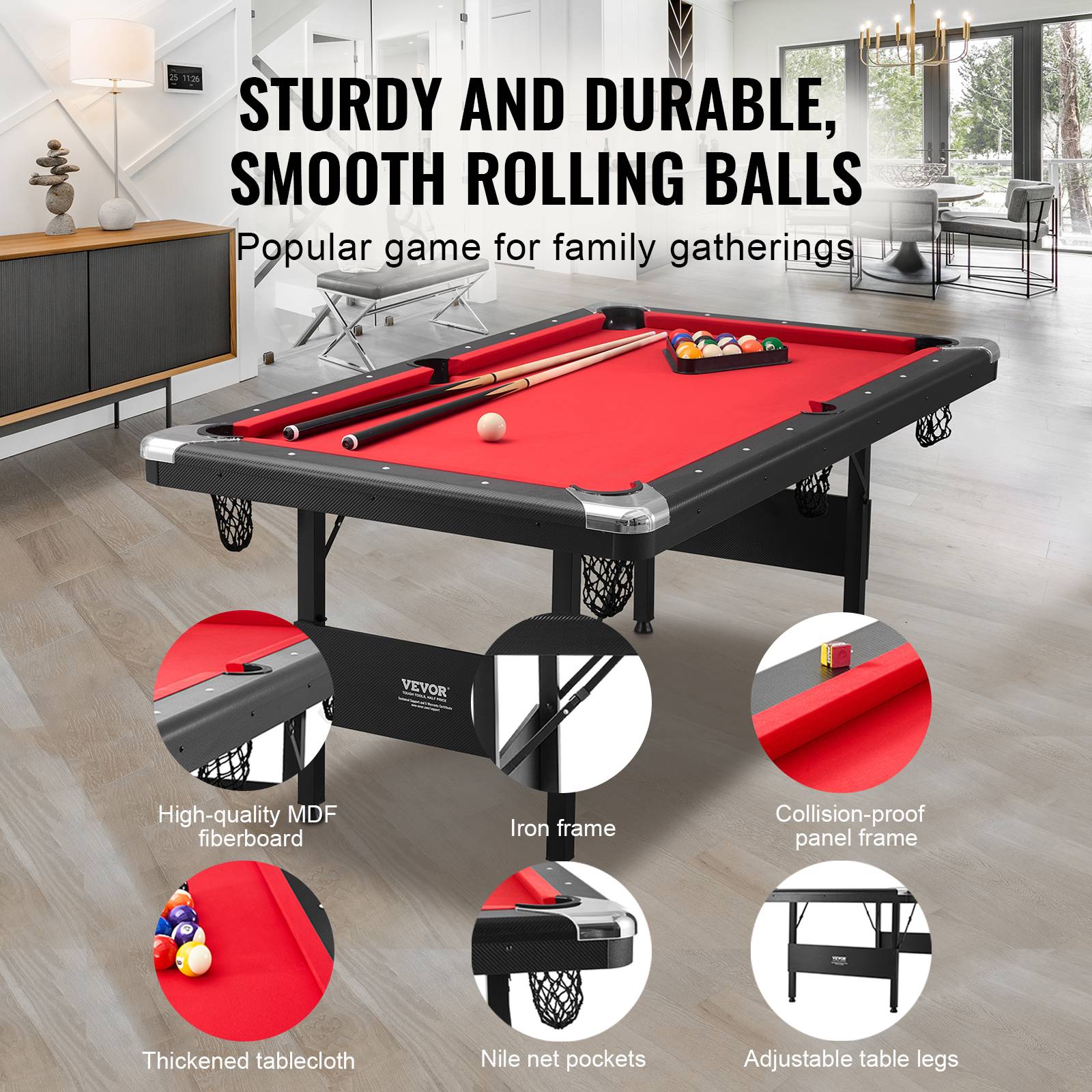 VEVOR Table de billard pliable 192cm, kit complet accessoires, couleur noir/tissu rouge, pour maison, club. - Image 3