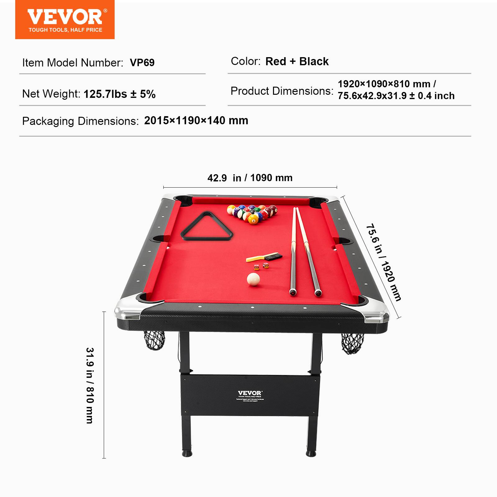 VEVOR Table de billard pliable 192cm, kit complet accessoires, couleur noir/tissu rouge, pour maison, club. - Image 7