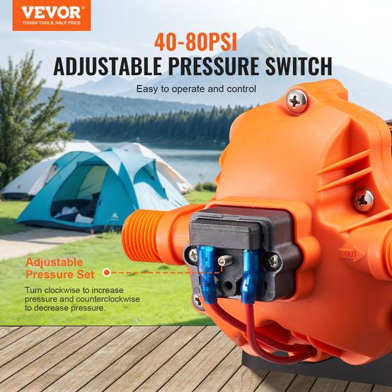 VEVOR Pompe à eau à membrane 12V 1,8 GPM 6,81 L/min 3 chambres, pressostat auto 60 PSI. - Image 3