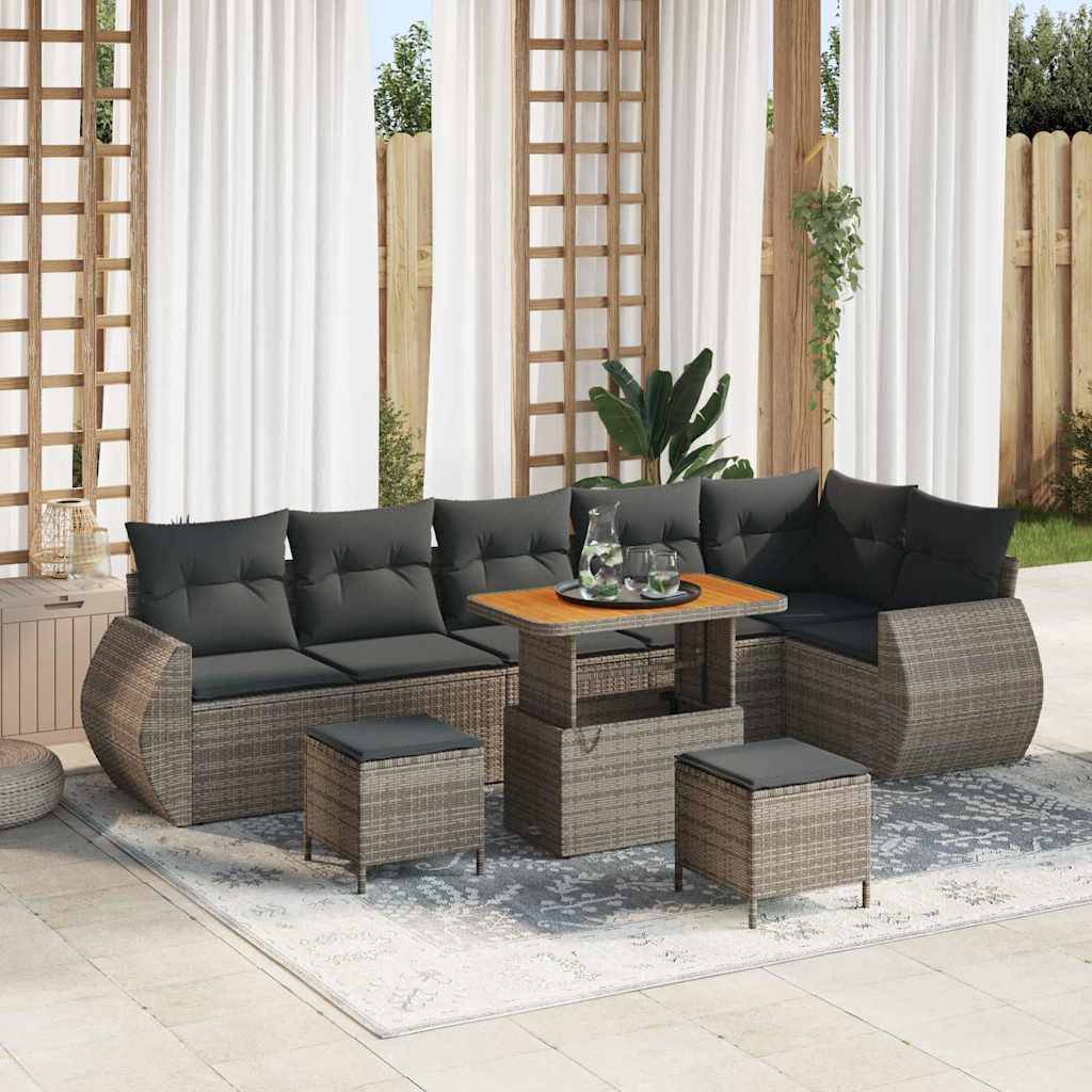 Salon de jardin 8 places en polyrotin tressé et bois avec table et poufs Gris – ComfortXL Outdoor Living - Image 1