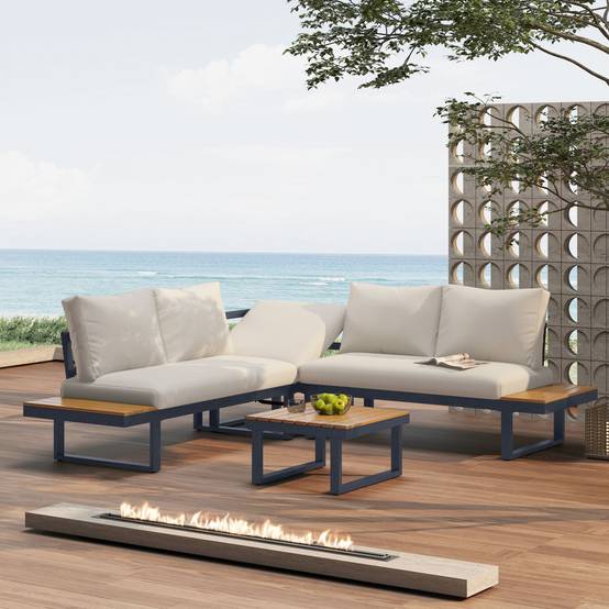 Set de jardin 4 places avec canapé d'angle, table basse, Polyrattan Beige et Gris - PANGIVO - Image 4