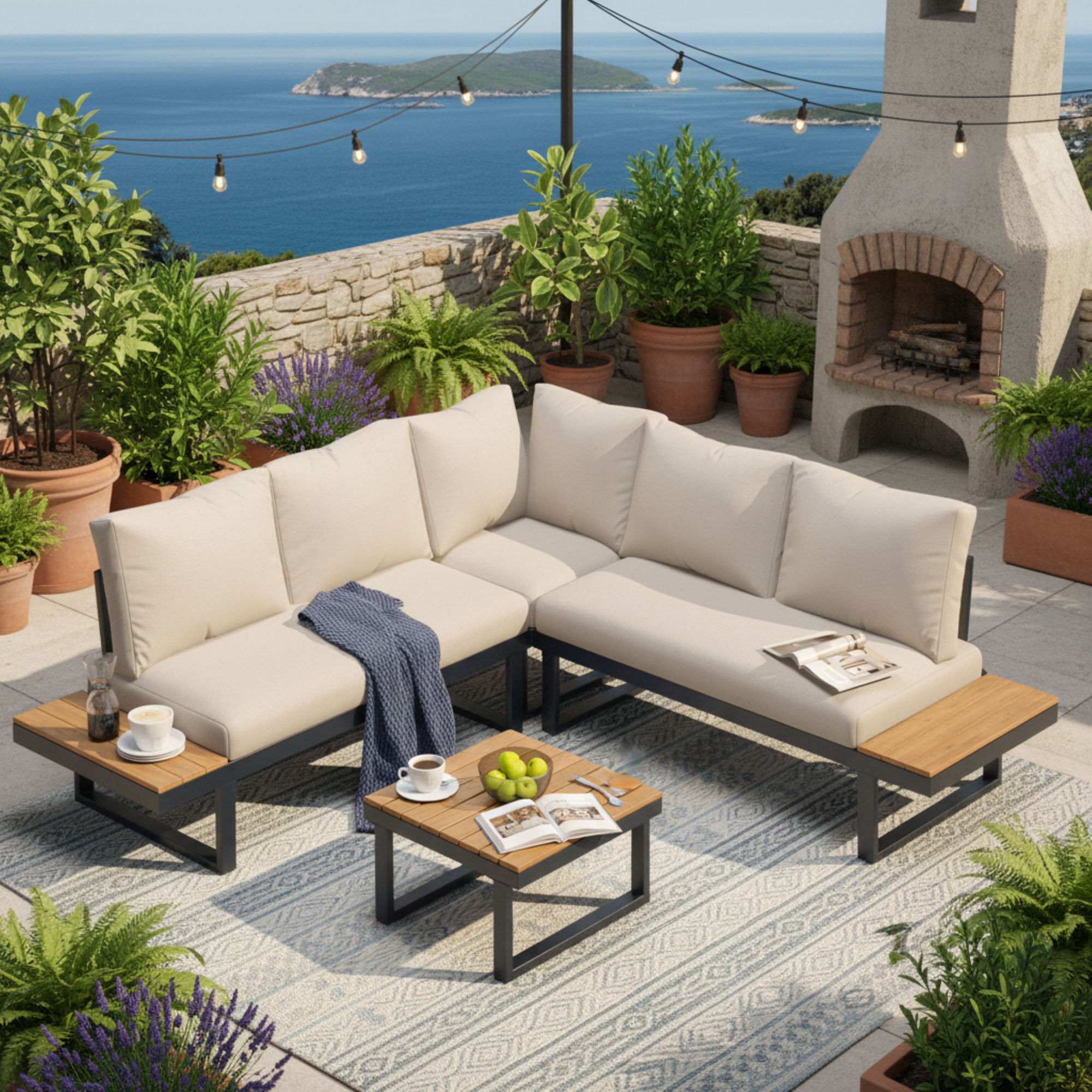 Set de jardin 4 places avec canapé d'angle, table basse, Polyrattan Beige et Gris - PANGIVO - Image 1