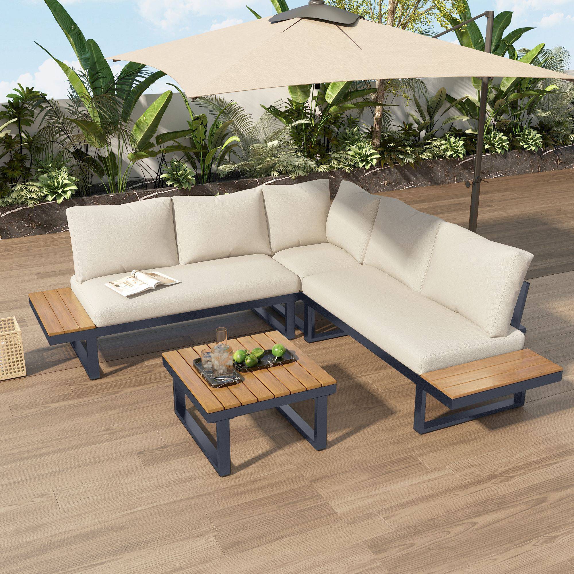 Set de jardin 4 places avec canapé d'angle, table basse, Polyrattan Beige et Gris - PANGIVO - Image 5