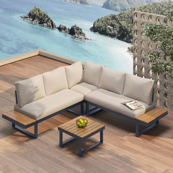 Set de jardin 4 places avec canapé d'angle, table basse, Polyrattan Beige et Gris - PANGIVO - Image 3