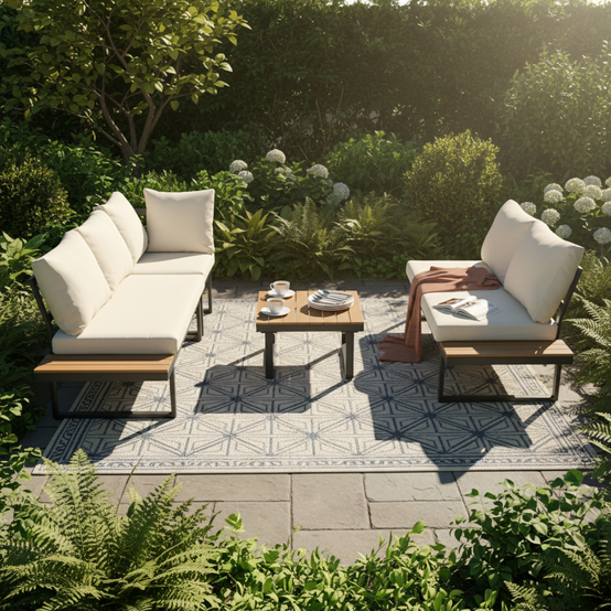 Set de jardin 4 places avec canapé d'angle, table basse, Polyrattan Beige et Gris - PANGIVO - Image 2