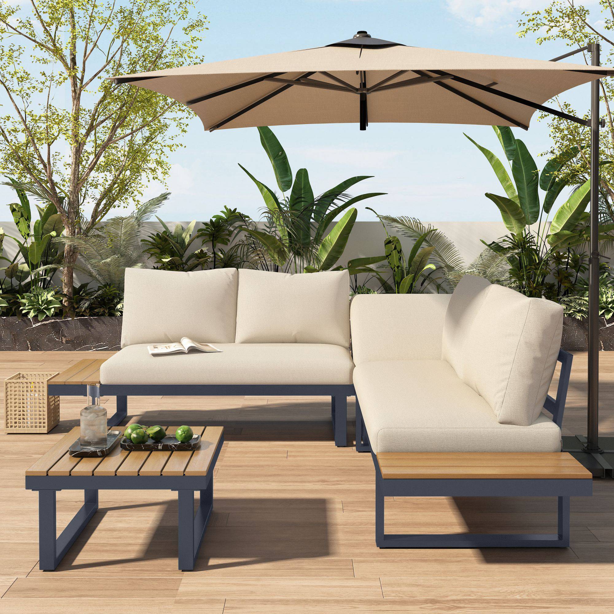 Set de jardin 4 places avec canapé d'angle, table basse, Polyrattan Beige et Gris - PANGIVO - Image 6