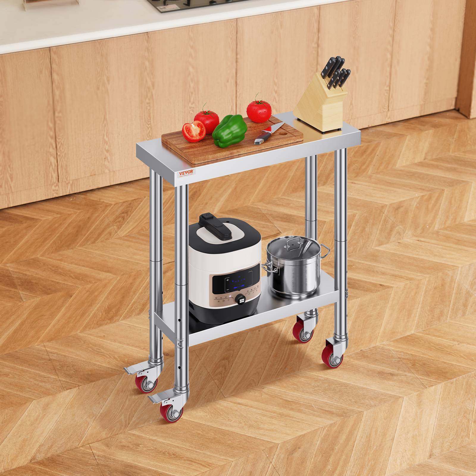 VEVOR Table inox 2 étages 76x30x86cm, roulettes freins. Charge 160kg. Préparation alimentaire, restauration. - Image 8