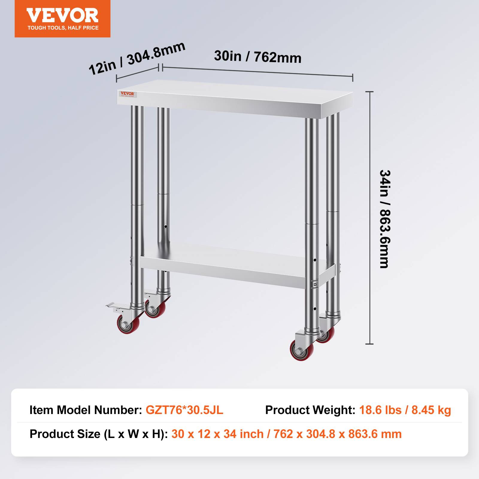 VEVOR Table inox 2 étages 76x30x86cm, roulettes freins. Charge 160kg. Préparation alimentaire, restauration. - Image 7