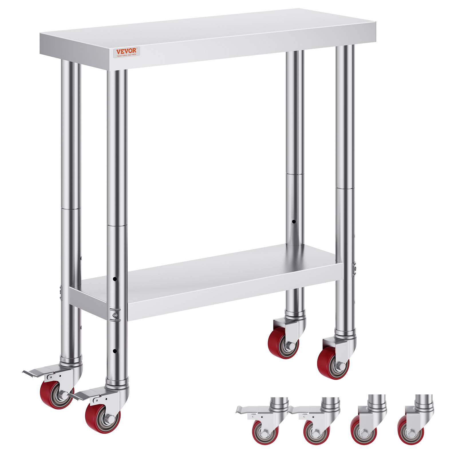 VEVOR Table inox 2 étages 76x30x86cm, roulettes freins. Charge 160kg. Préparation alimentaire, restauration. - Image 1