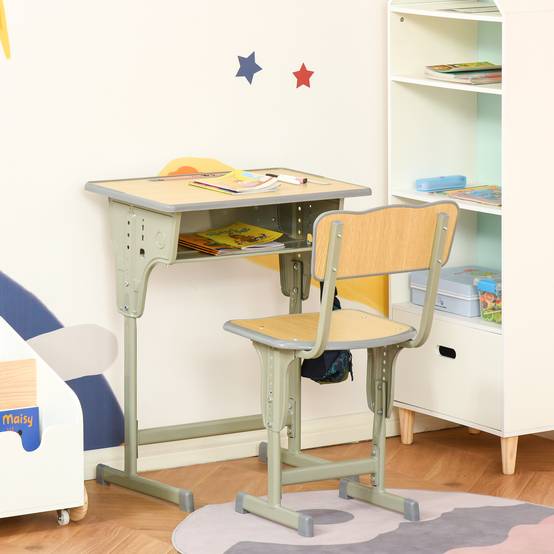 Ensemble bureau chaise enfant +6 ans hauteur réglable avec tiroir et crochet, naturel - Image 3