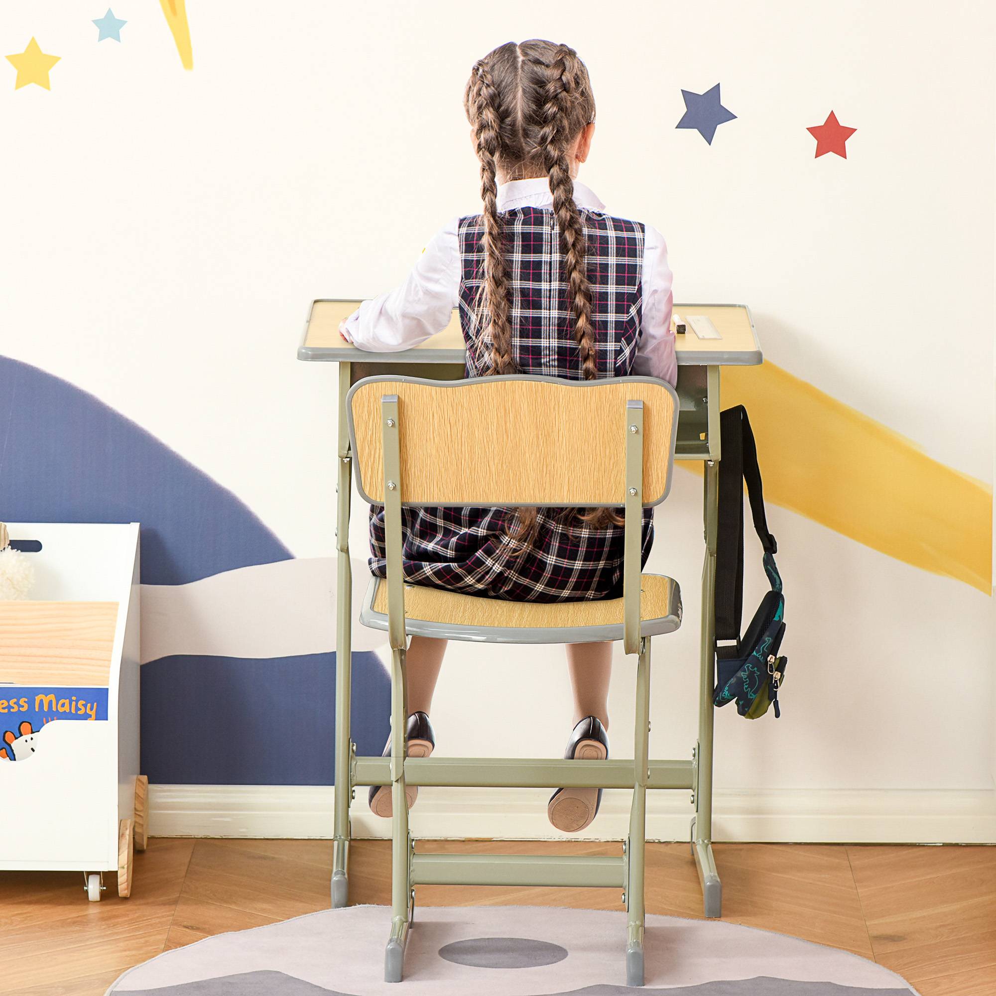 Ensemble bureau chaise enfant +6 ans hauteur réglable avec tiroir et crochet, naturel - Image 4