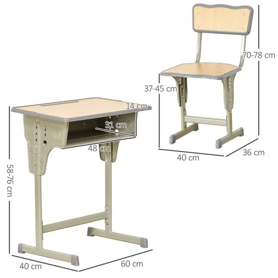 Ensemble bureau chaise enfant +6 ans hauteur réglable avec tiroir et crochet, naturel - Image 5