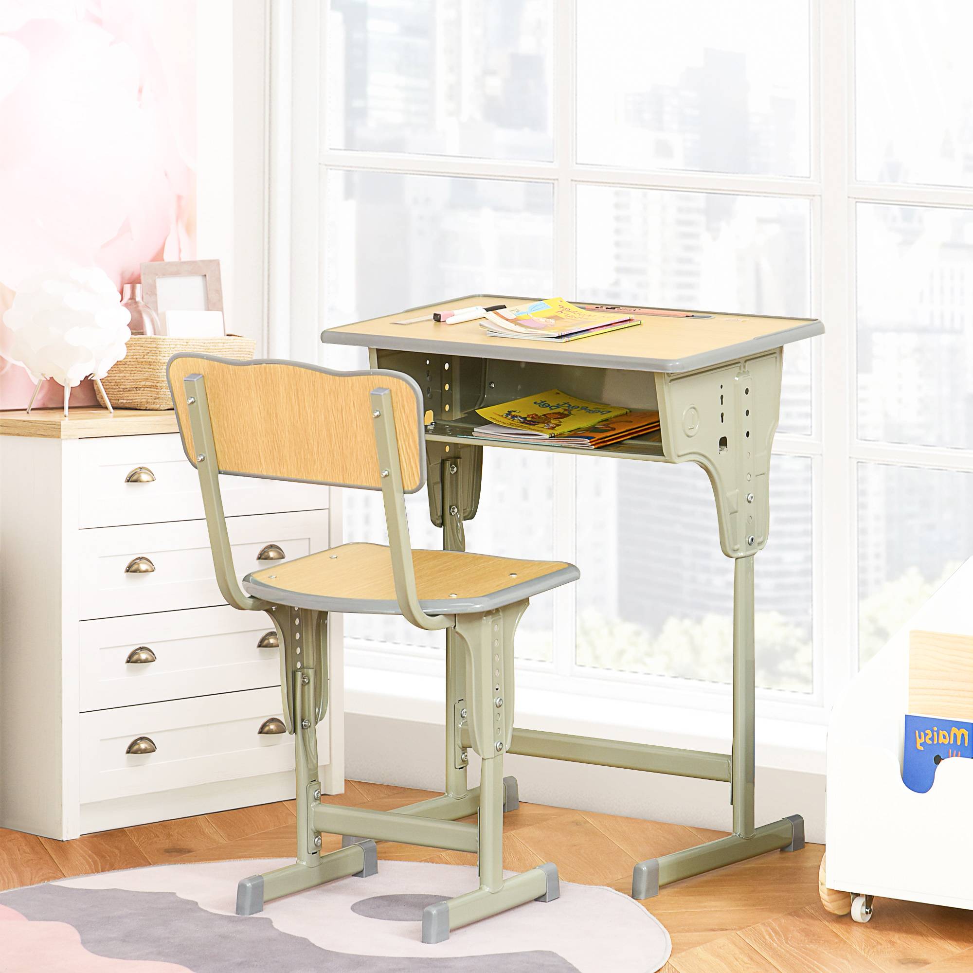 Ensemble bureau chaise enfant +6 ans hauteur réglable avec tiroir et crochet, naturel - Image 9