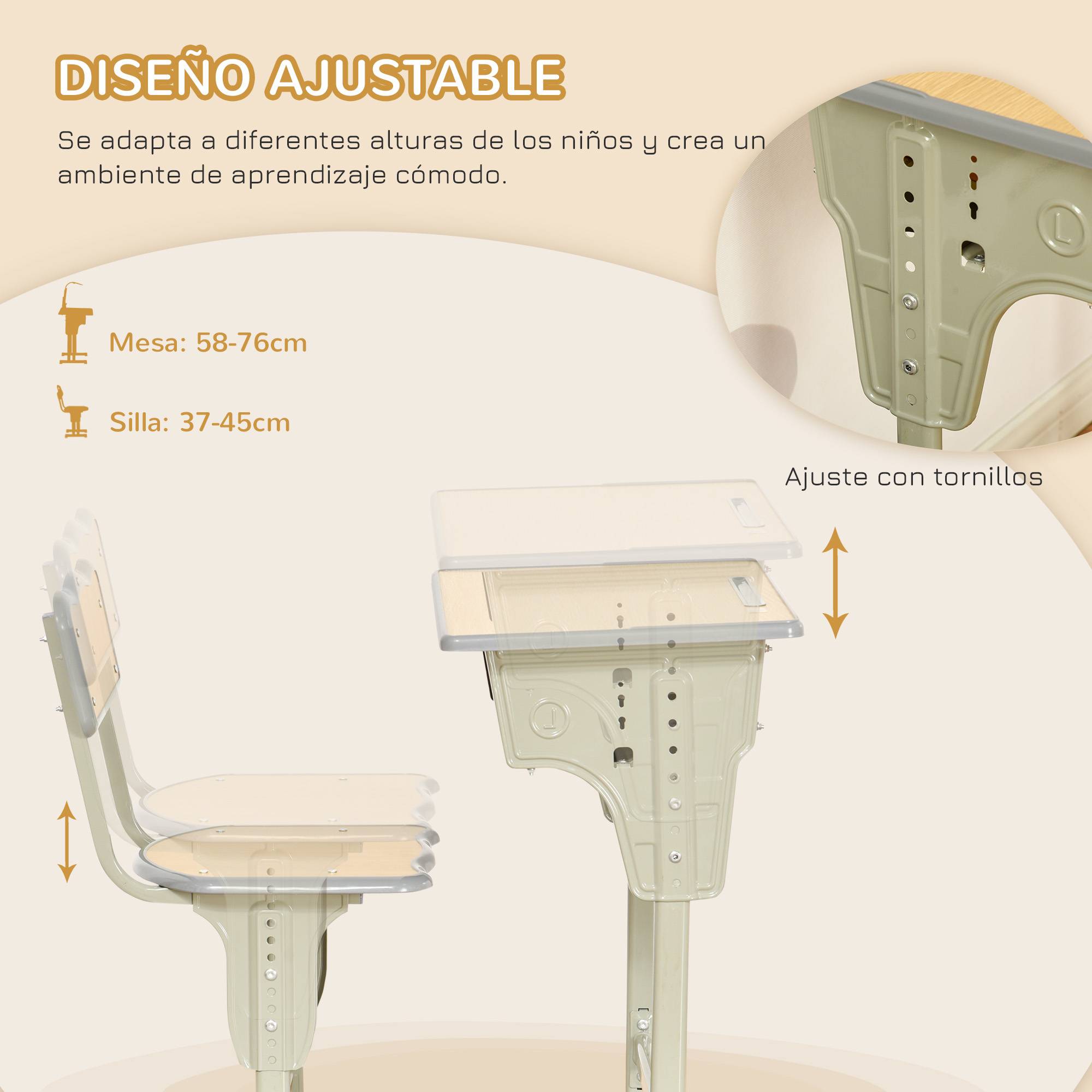 Ensemble bureau chaise enfant +6 ans hauteur réglable avec tiroir et crochet, naturel - Image 8