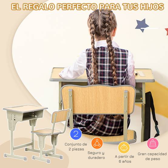 Ensemble bureau chaise enfant +6 ans hauteur réglable avec tiroir et crochet, naturel - Image 6