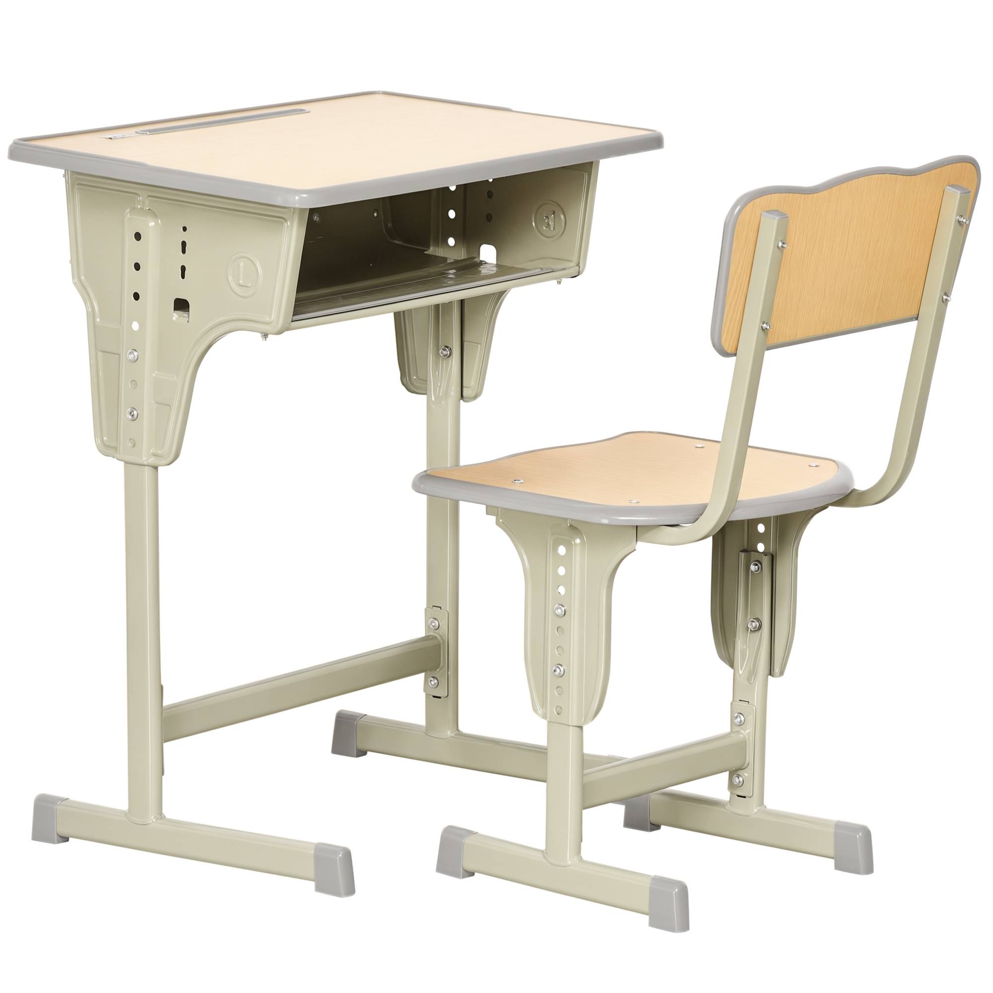 Ensemble bureau chaise enfant +6 ans hauteur réglable avec tiroir et crochet, naturel - Image 1