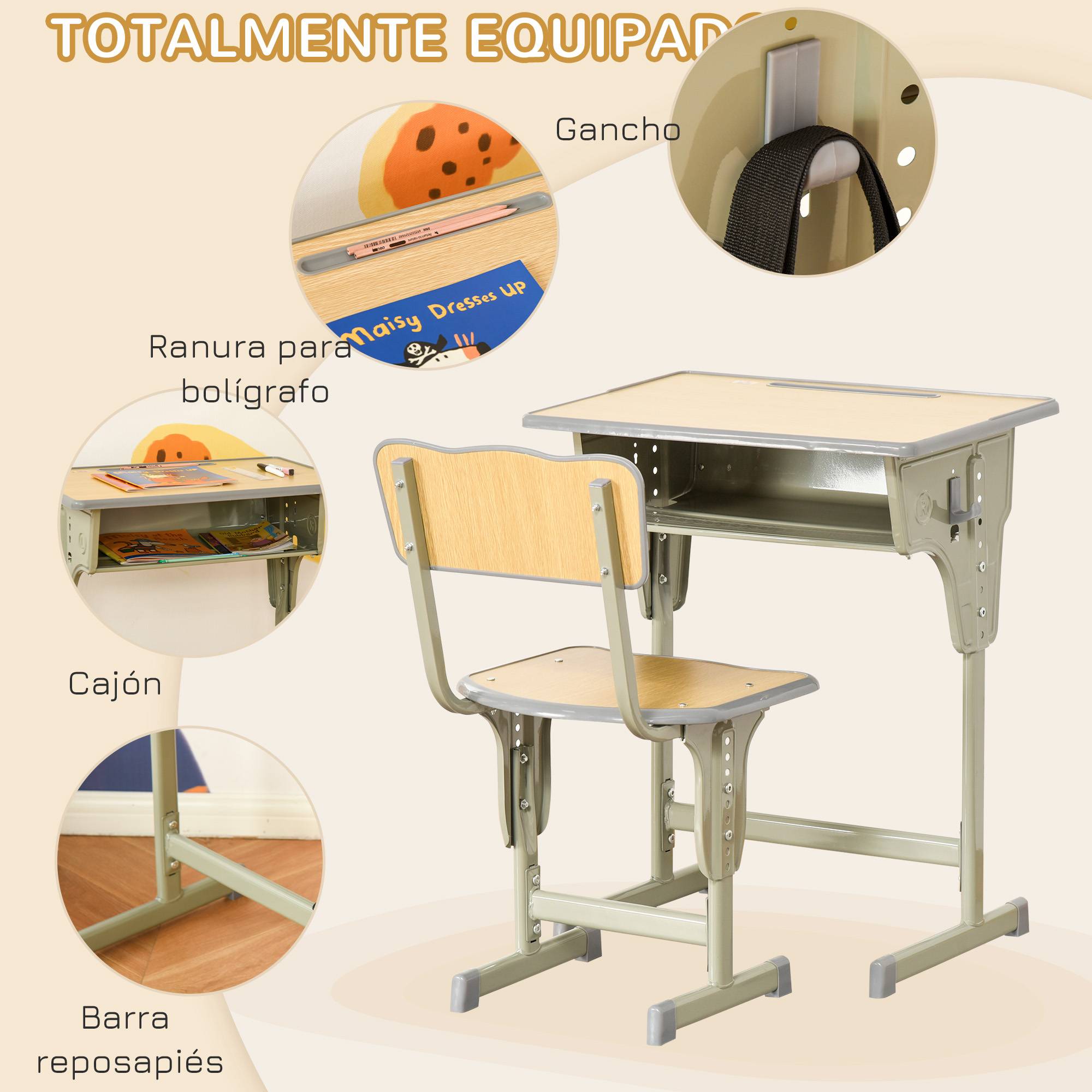 Ensemble bureau chaise enfant +6 ans hauteur réglable avec tiroir et crochet, naturel - Image 7