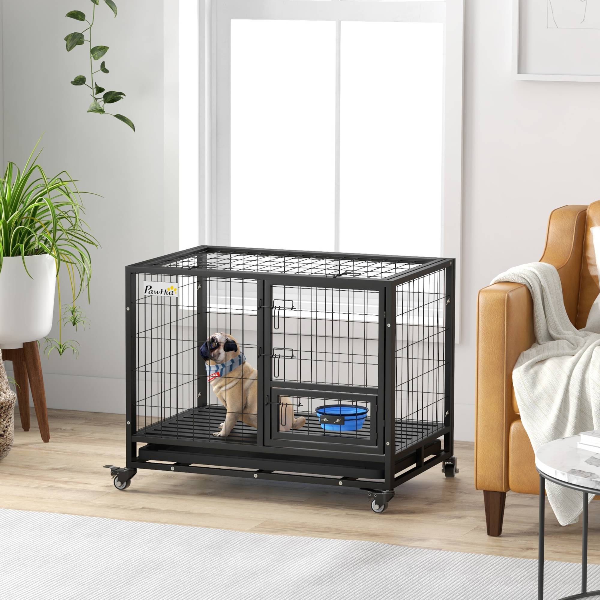 Pawhut - Cage pour chien sur roulettes 2 portes verrouillables - support gamelle, plateau amovible - acier noir - Imagen 2