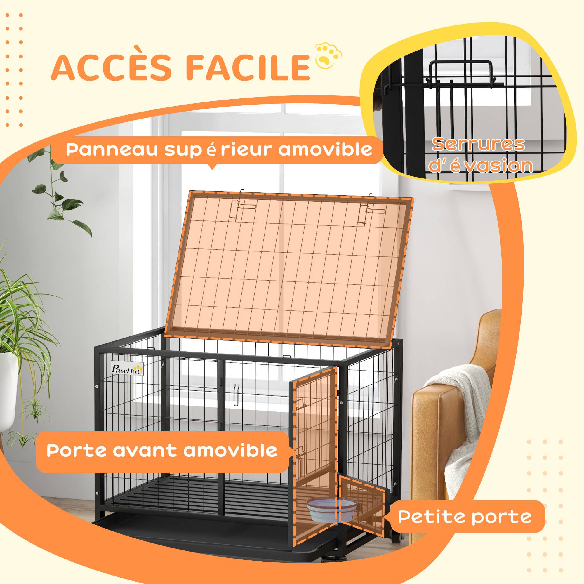 Pawhut - Cage pour chien sur roulettes 2 portes verrouillables - support gamelle, plateau amovible - acier noir - Imagen 6