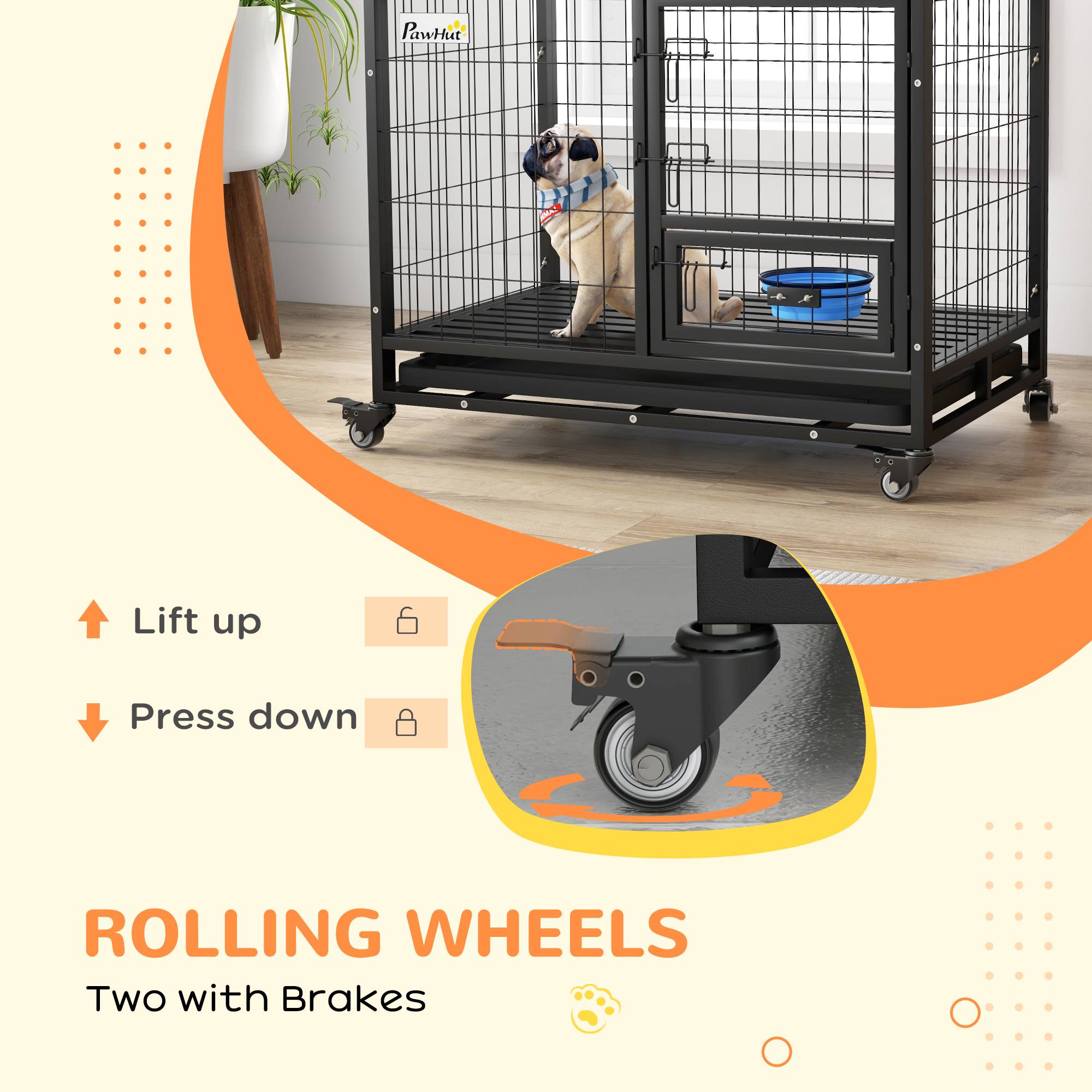 Pawhut - Cage pour chien sur roulettes 2 portes verrouillables - support gamelle, plateau amovible - acier noir - Imagen 9