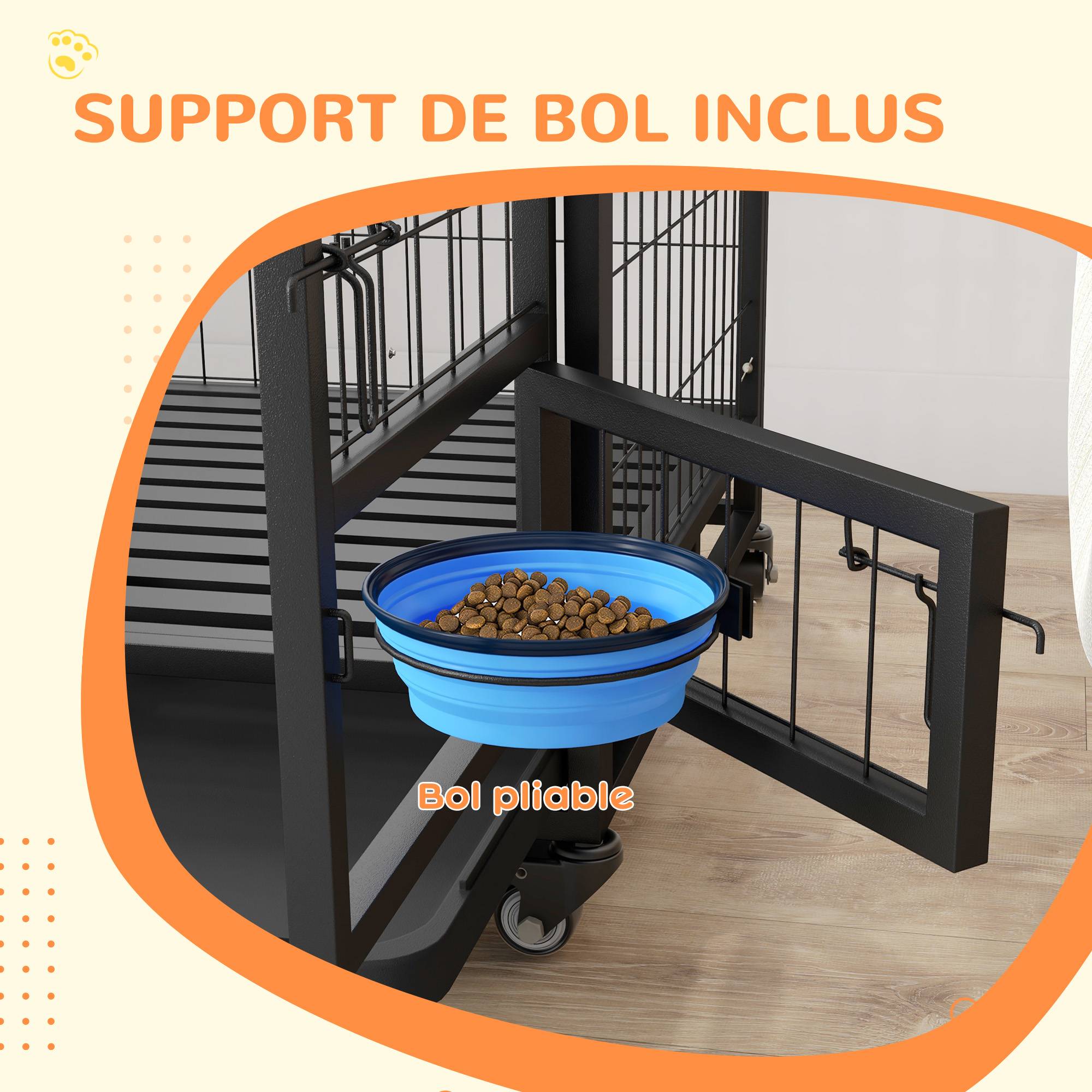 Pawhut - Cage pour chien sur roulettes 2 portes verrouillables - support gamelle, plateau amovible - acier noir - Imagen 5