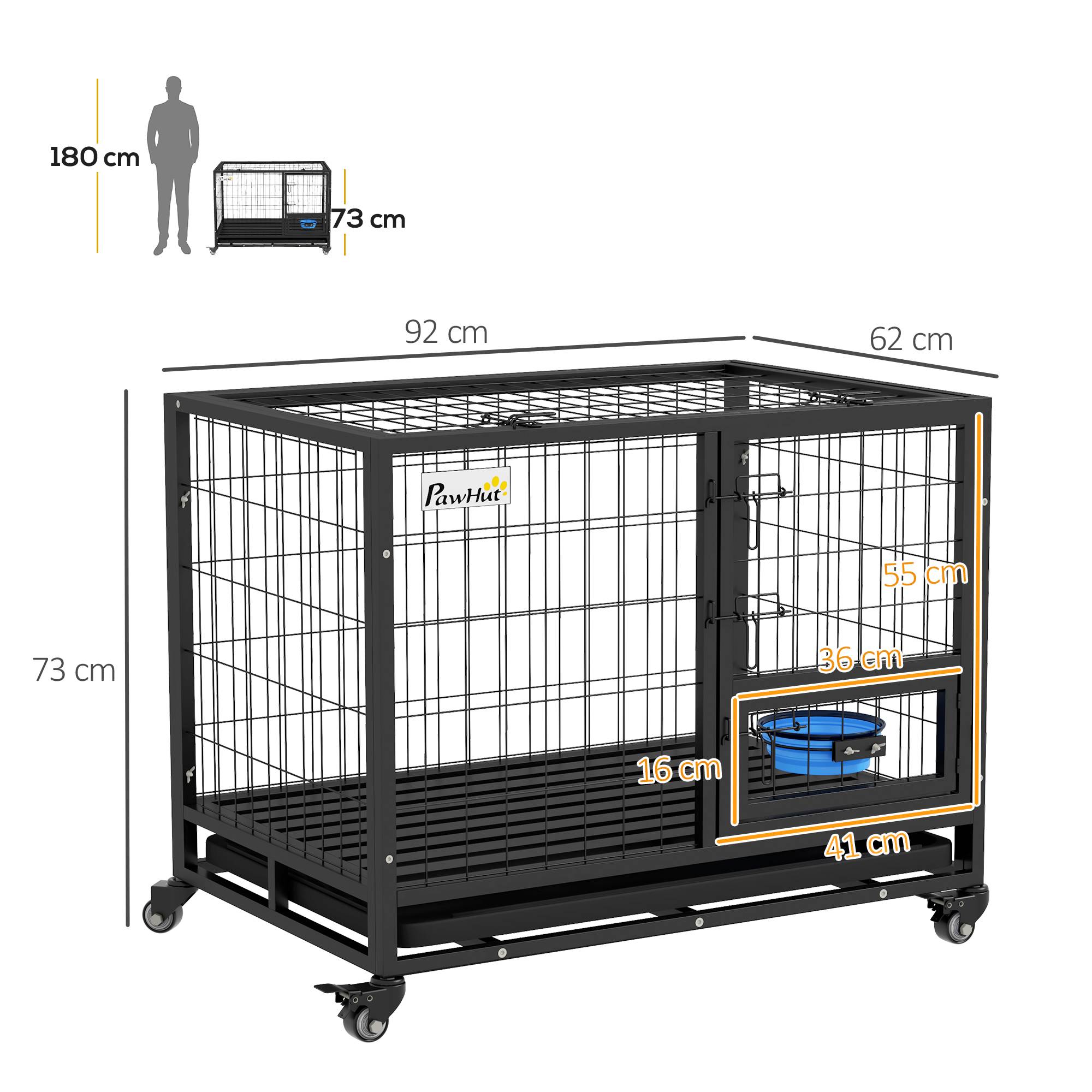 Pawhut - Cage pour chien sur roulettes 2 portes verrouillables - support gamelle, plateau amovible - acier noir - Imagen 3