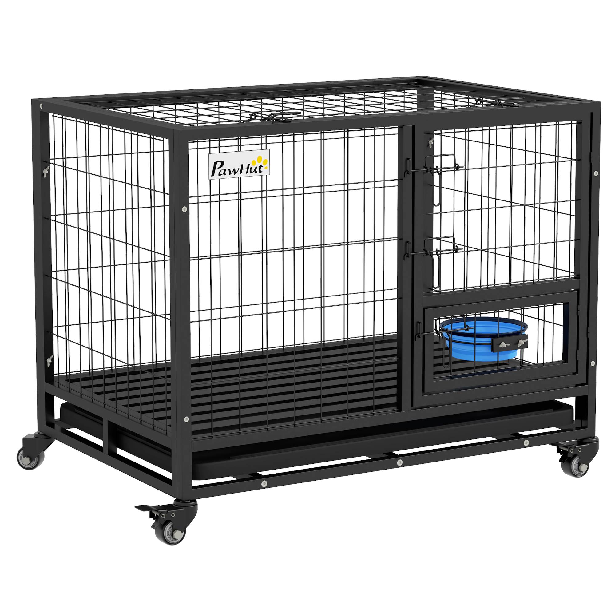 Pawhut - Cage pour chien sur roulettes 2 portes verrouillables - support gamelle, plateau amovible - acier noir - Imagen 1