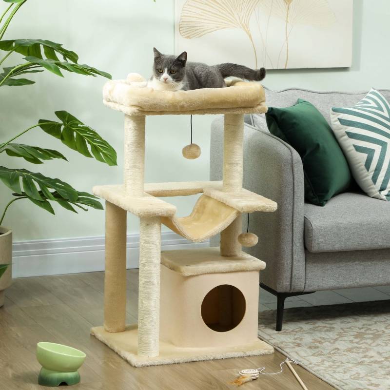 Arbre à chat avec jouet, perche et hamac, dimensions 48x48x90cm couleur crème - Image 2