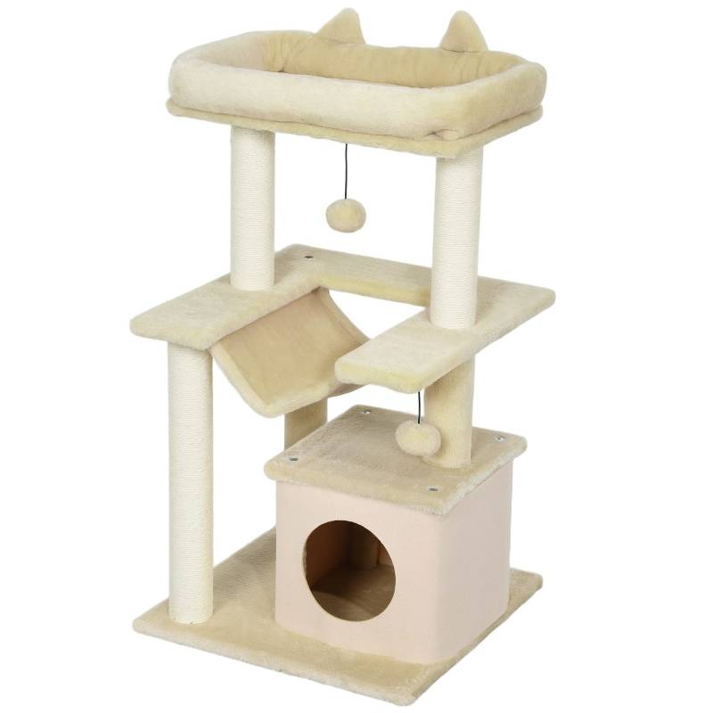 Arbre à chat avec jouet, perche et hamac, dimensions 48x48x90cm couleur crème - Image 1
