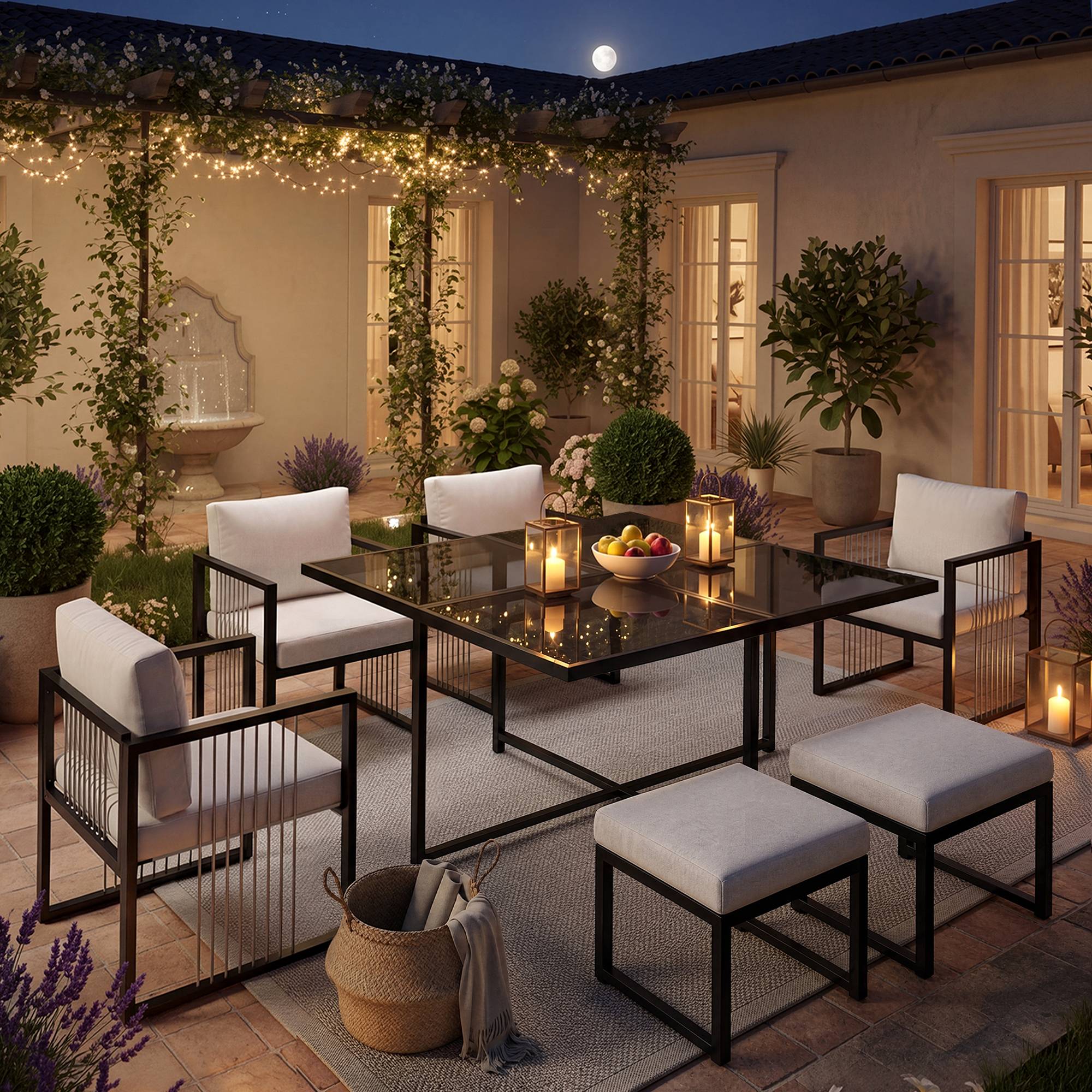 Ensemble Table et Chaise de Jardin avec Table 4 Fauteuils et 2 Poufs Tissu Noir et Blanc - Image 3