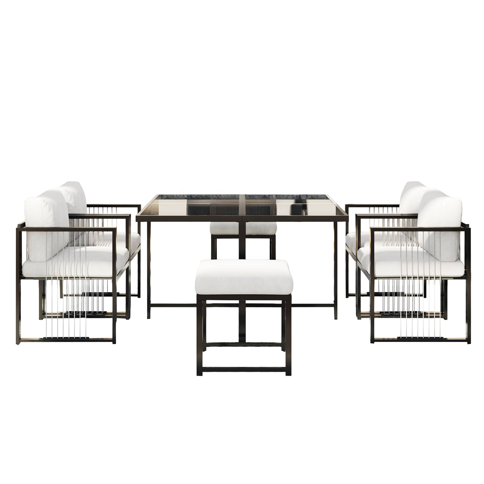 Ensemble Table et Chaise de Jardin avec Table 4 Fauteuils et 2 Poufs Tissu Noir et Blanc - Image 1