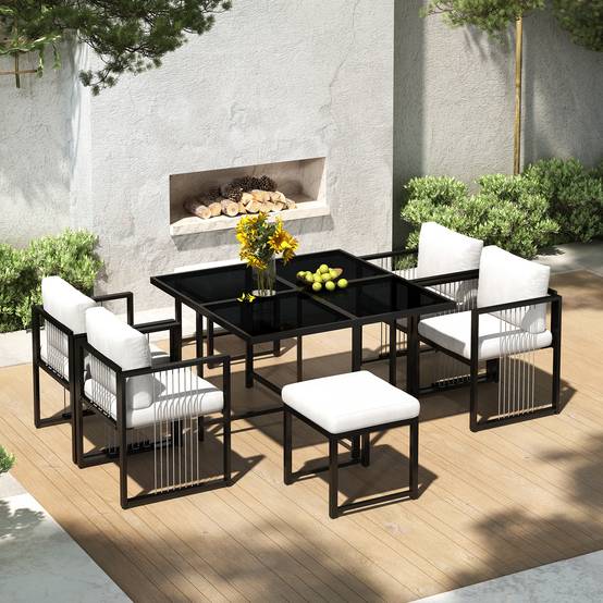 Ensemble Table et Chaise de Jardin avec Table 4 Fauteuils et 2 Poufs Tissu Noir et Blanc - Image 2