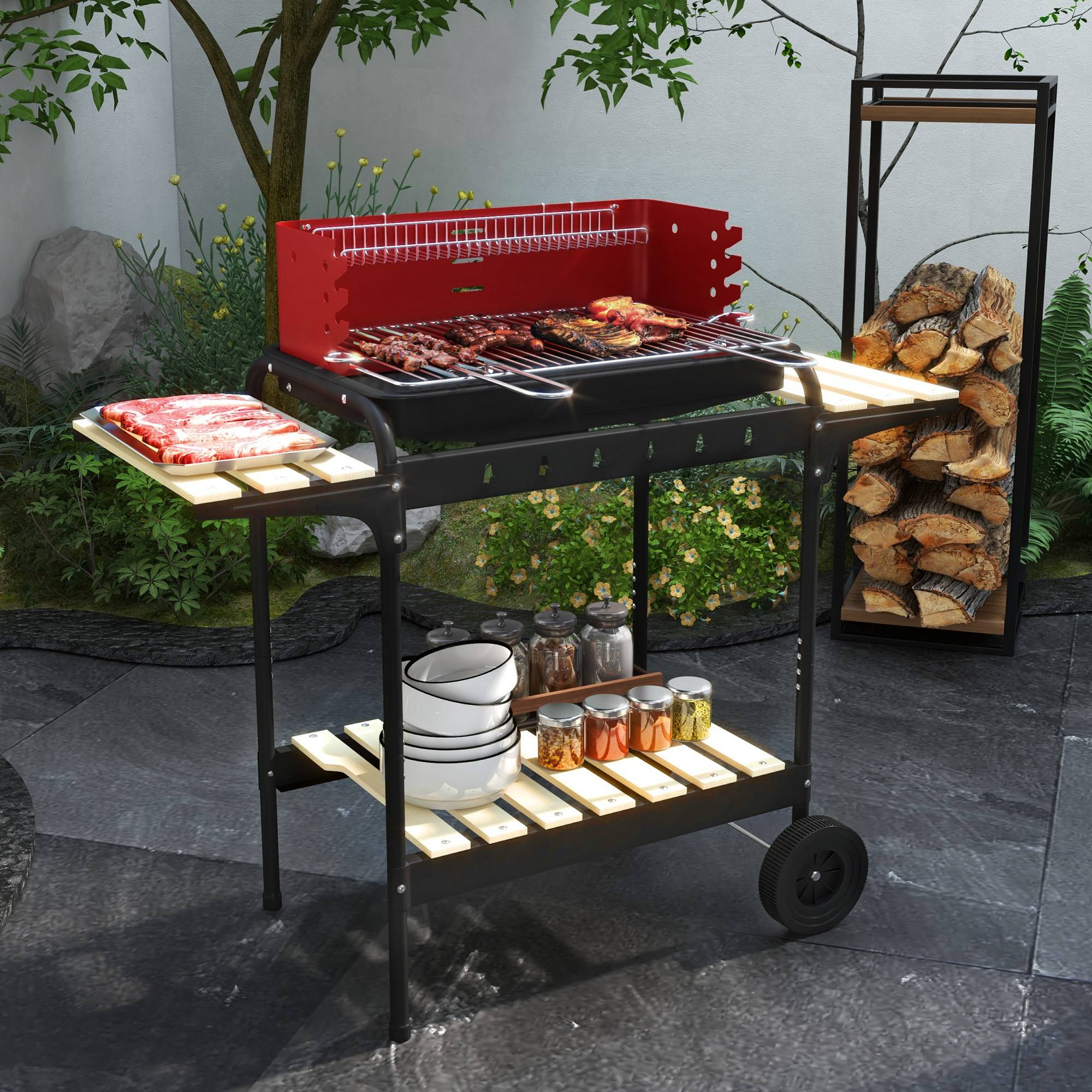 Barbecue charbon métal fumoir, roues, grille réglable, tablette bois,103x47x95 cm, rouge - Image 4