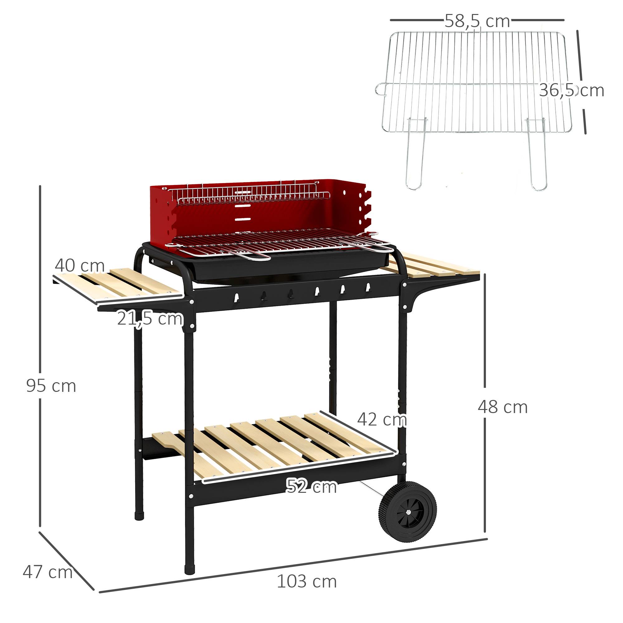 Barbecue charbon métal fumoir, roues, grille réglable, tablette bois,103x47x95 cm, rouge - Image 5