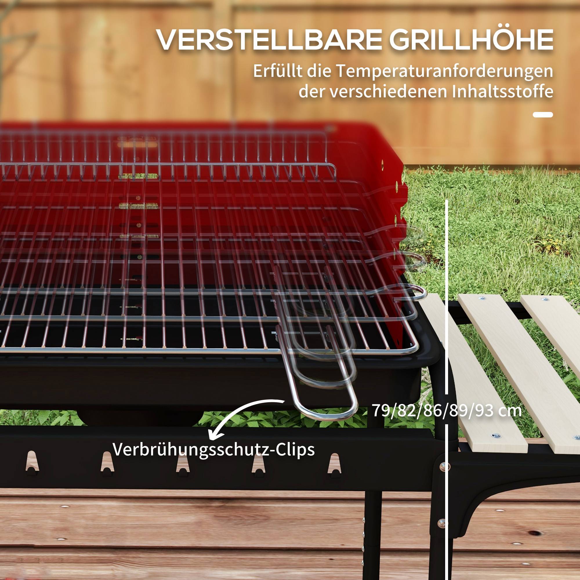 Barbecue charbon métal fumoir, roues, grille réglable, tablette bois,103x47x95 cm, rouge - Image 7